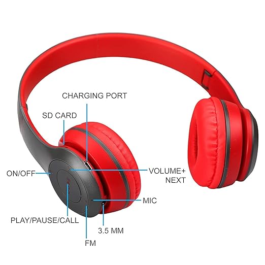 P47 Wireless Bluetooth On Ear Headphones Volume Control, HD Sound and Bass, Mic, SD Card Slot AUX Connect