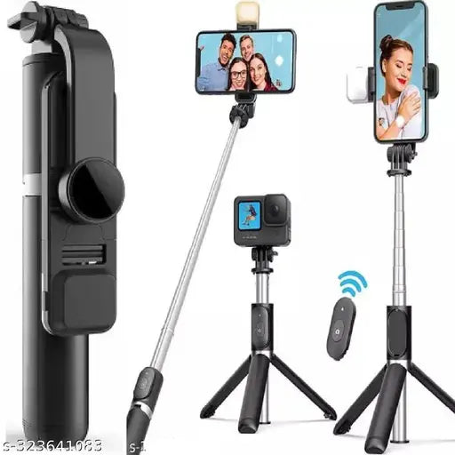 R1S Selfie Stick with LED Fill Light & Tripod Mount – 1.7M Extendable for Android Phones Bluetooth Selfie Stick  (Black, Remote Included)