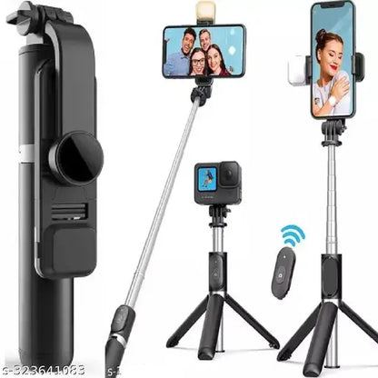 R1S Selfie Stick with LED Fill Light & Tripod Mount – 1.7M Extendable for Android Phones Bluetooth Selfie Stick  (Black, Remote Included)